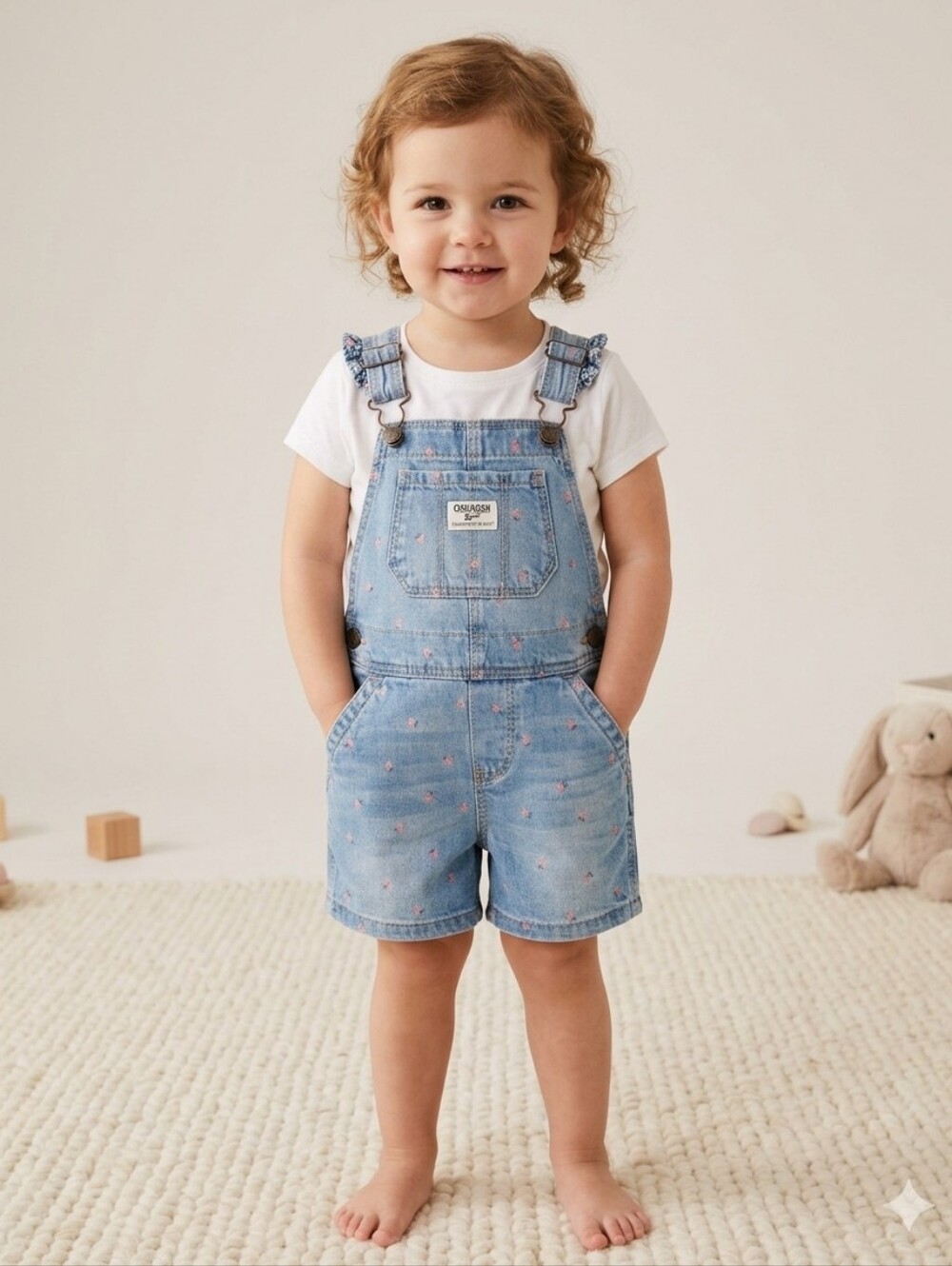 VINTAGE STYLE OshKosh B'gosh Toddler Strawberry Print Denim Shortalls 2T